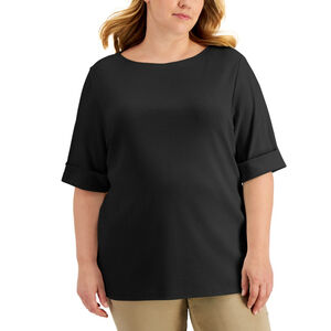 Karen Scott Women's Plus Size 100% Cotton Black Elbow-Sleeve Top NWT